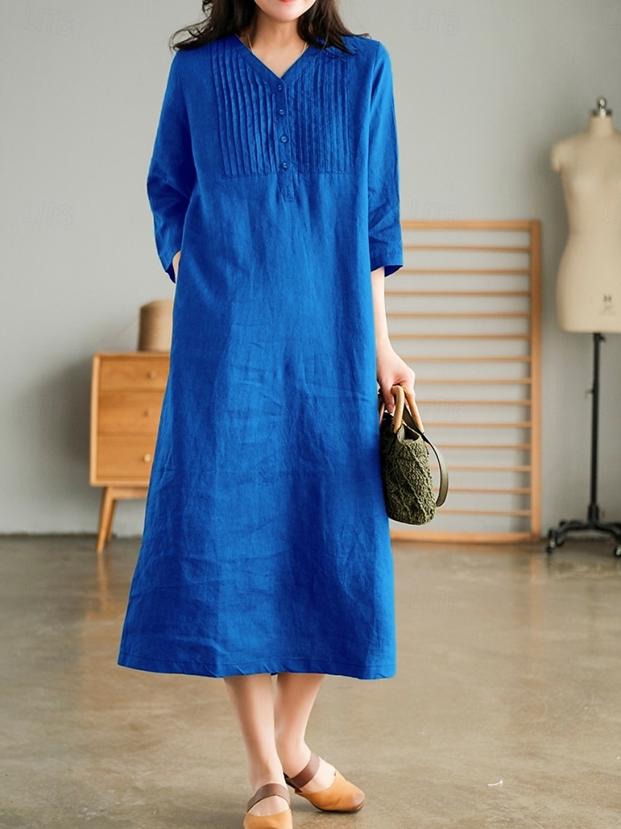 Per donna Abito Midi Abiti effetto lino Abito a Tubino Abito Estivo Casual Quotidiano Vestibilità comoda Semplice Manica 3/4 Scollo a V Blu Arancione Verde Beige Estate Autunno del 2026 a $32.99 –P9