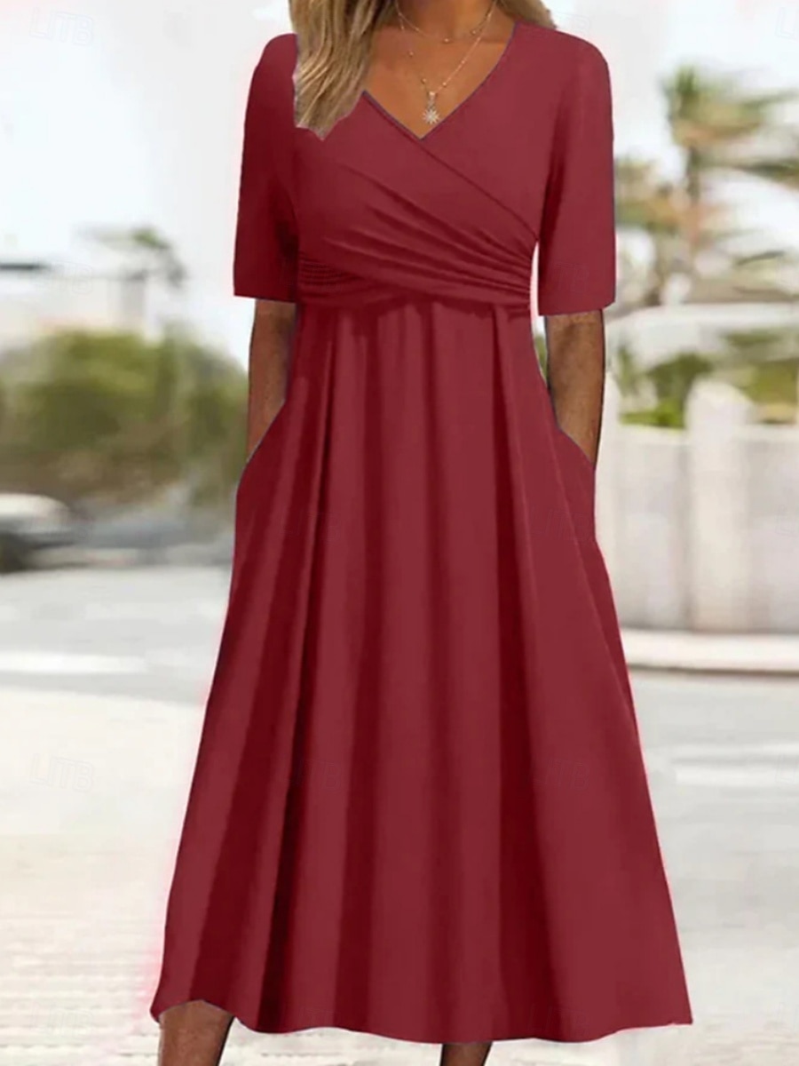Women's Midi Dress Casual Dress Wrap Dress Elegant Fashion Modern Outdoor Vacation Going out Regular Fit Plain Short Sleeve V Neck Blue Black Red Brown Summer Spring 2026 - $28.99 –P3