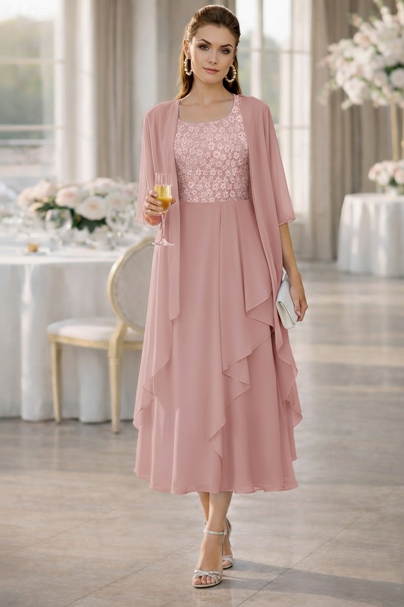 Zweiteilig A-Linie Tee-Länge Kleid für Hochzeitsgäste Brautmutterkleid Halbarm Rundausschnitt Elegant Formell Kentucky Derby Semi-Formal Chiffon Kurze Jackenkleider mit Stickerei Applikationen 2026 - $182.99 –P1
