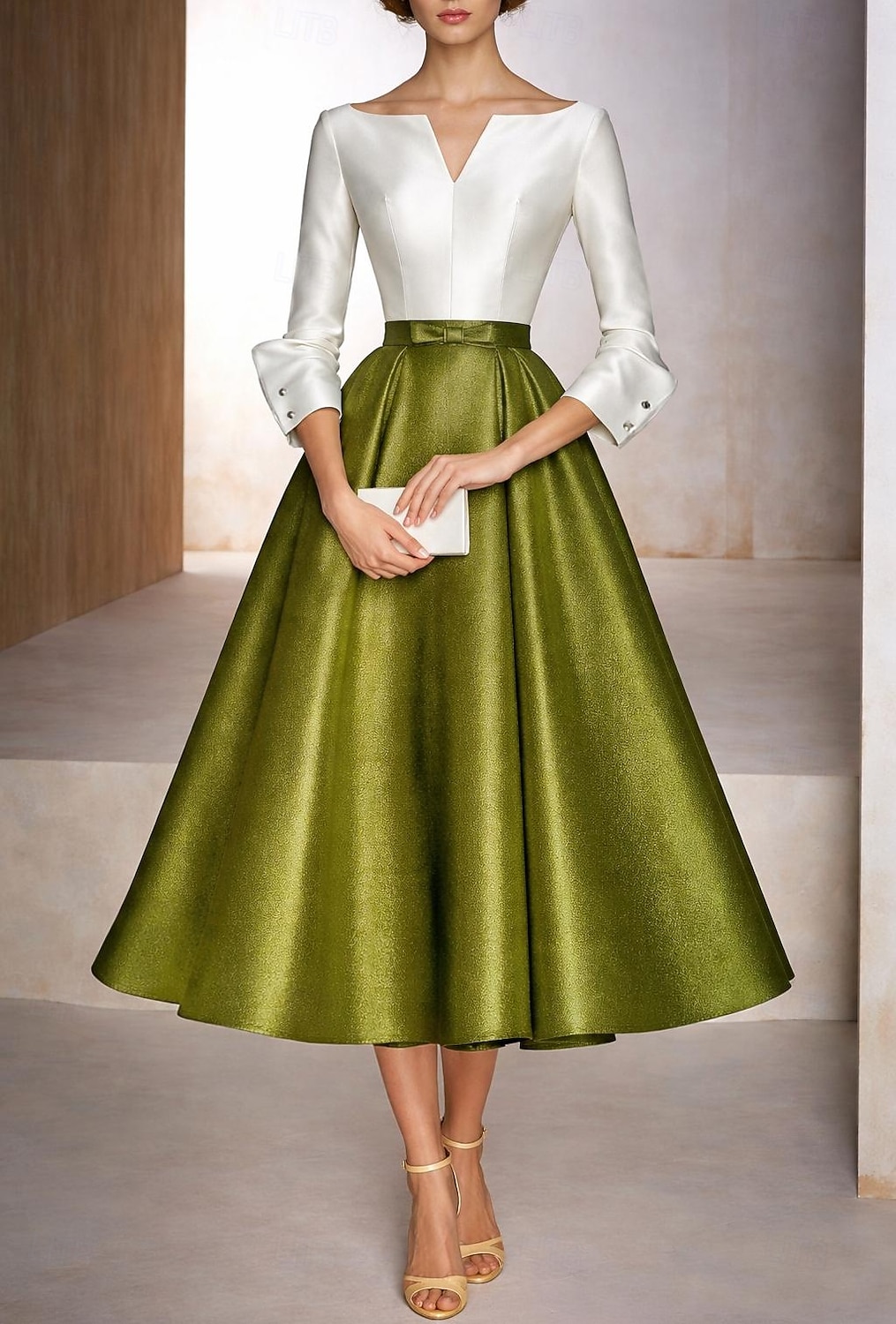 A-Line Tea Length Pink Dress Cocktail Dresses Party Dresses Wedding Guest Dresses Elegant Color Block Long Sleeve V Neck Wedding Formal Pocket Taffeta Stretch Satin Cowl Back with Embroidered Flower 2026 - $159.99 –P1