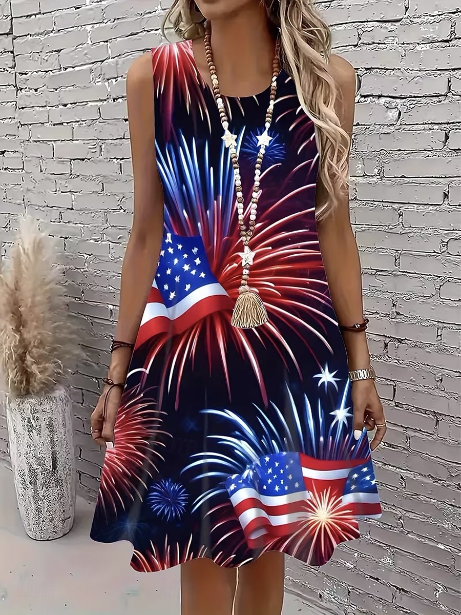 Unabhängigkeitstag Patriotisches Damen Mini Kleid Sonnenkleid A-Linie Kleid Schulterfrei Urlaub Lässig Boho Strand Urlaub Reguläre Passform Grafik Flagge Flagge Ärmelloses Rundhals Blau Schwarz 2026 - $24.99 –P3
