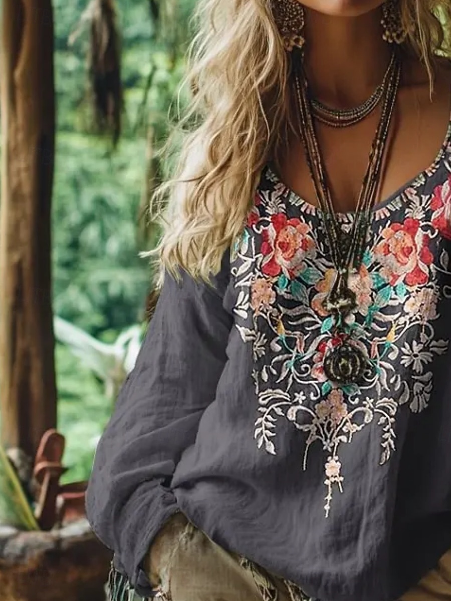 Per donna Camicia Camicia Boho Blusa Stampato Floreale Grafico Bohemien Elegante Classico Manica Lunga Scollo a V Top Regolari Quotidiano Ferie Uscire Grigio scuro Estate Primavera Autunno del 2026 a $27.99 –P3