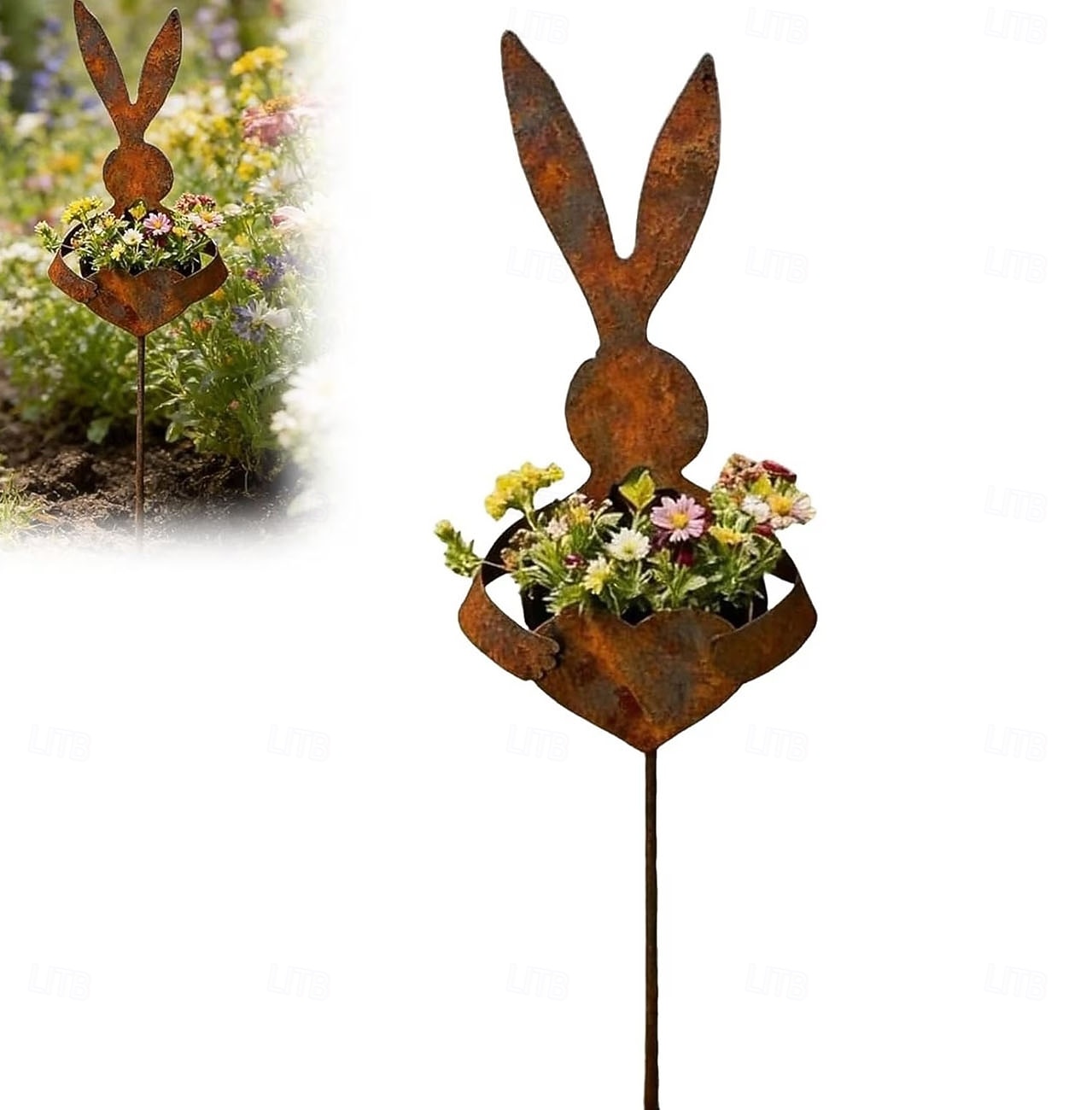 vintage-metallinen kanin puutarhavaarna, pääsiäispuutarhan koristeellinen kaninmuotoinen istutuslaatikko, sopii ulkopihan nurmikolle terassille, kevään puutarhakoristeisiin, pääsiäiskoristeisiin 2026 - $28.99 –P1