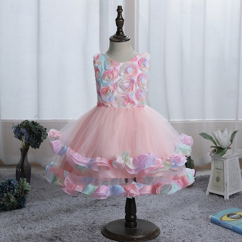 Flower Girl Dress Girls' Formal Dress Wedding Attire Party Wedding Formal Elegant Fashion Adorable Mesh Floral Sleeveless Crew Neck Blue Pink 4 years+ 2026 - $36.99 –P7