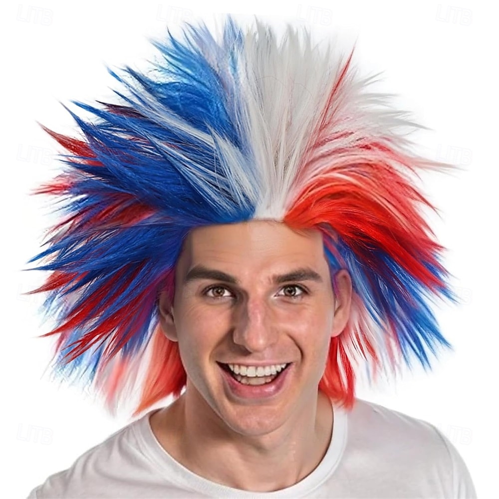 Rød hvit blå gal parykk unik spiky og morsomme parykker rød gal hår patriotisk parykk blå funky fluffy parykker pelucas para payasos kostyme 4. juli feiringer temafest 2026 - $28.99 –P1