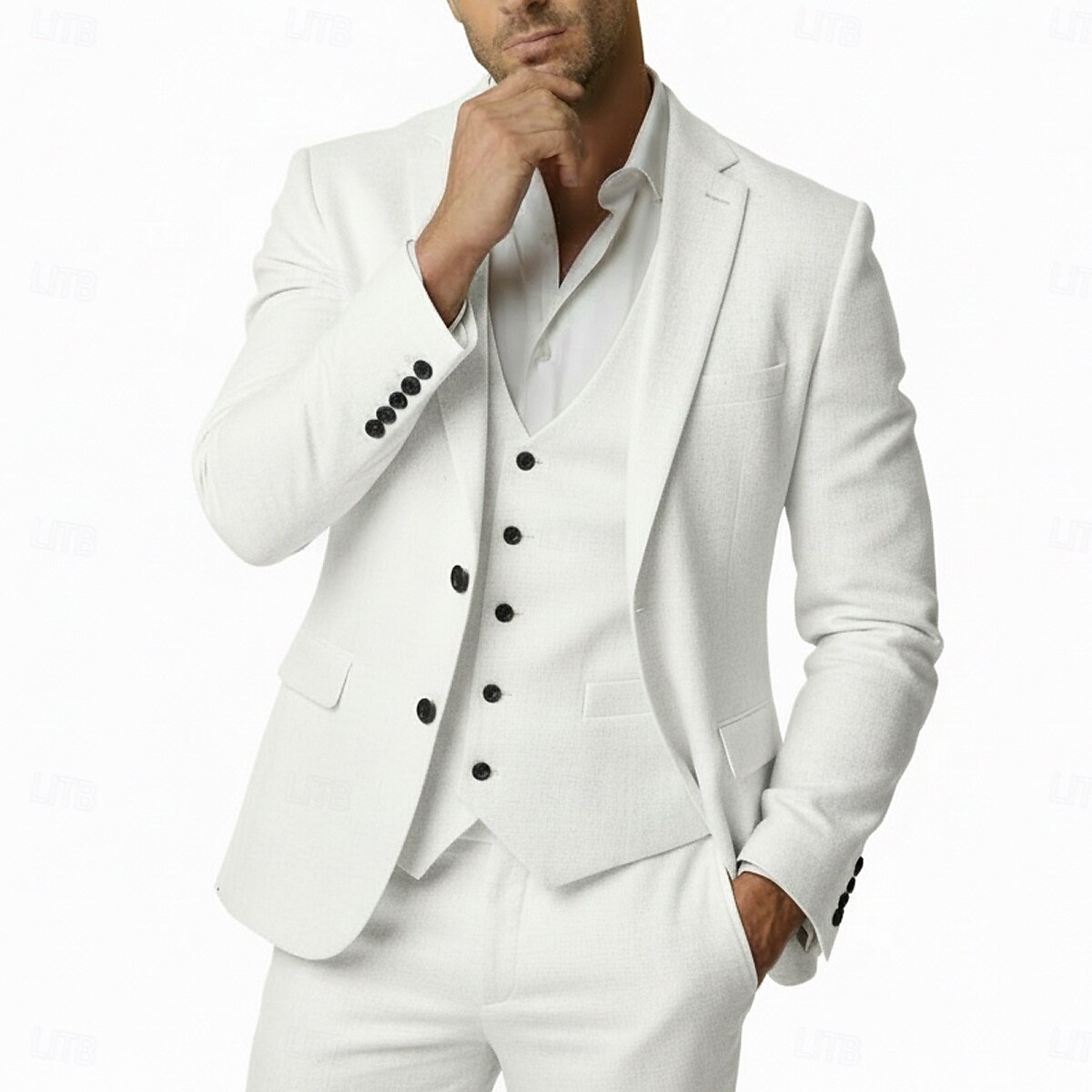 Uomo Completi in Lino Matrimonio in Spiaggia Matrimonio primaverile Nero Bianco Primavera & Estate Tuta Bavero classico Moda Affari Tinta unita Vestibilità aderente 3 pezzi Monopetto Due Bottoni del 2026 a $129.99 –P5