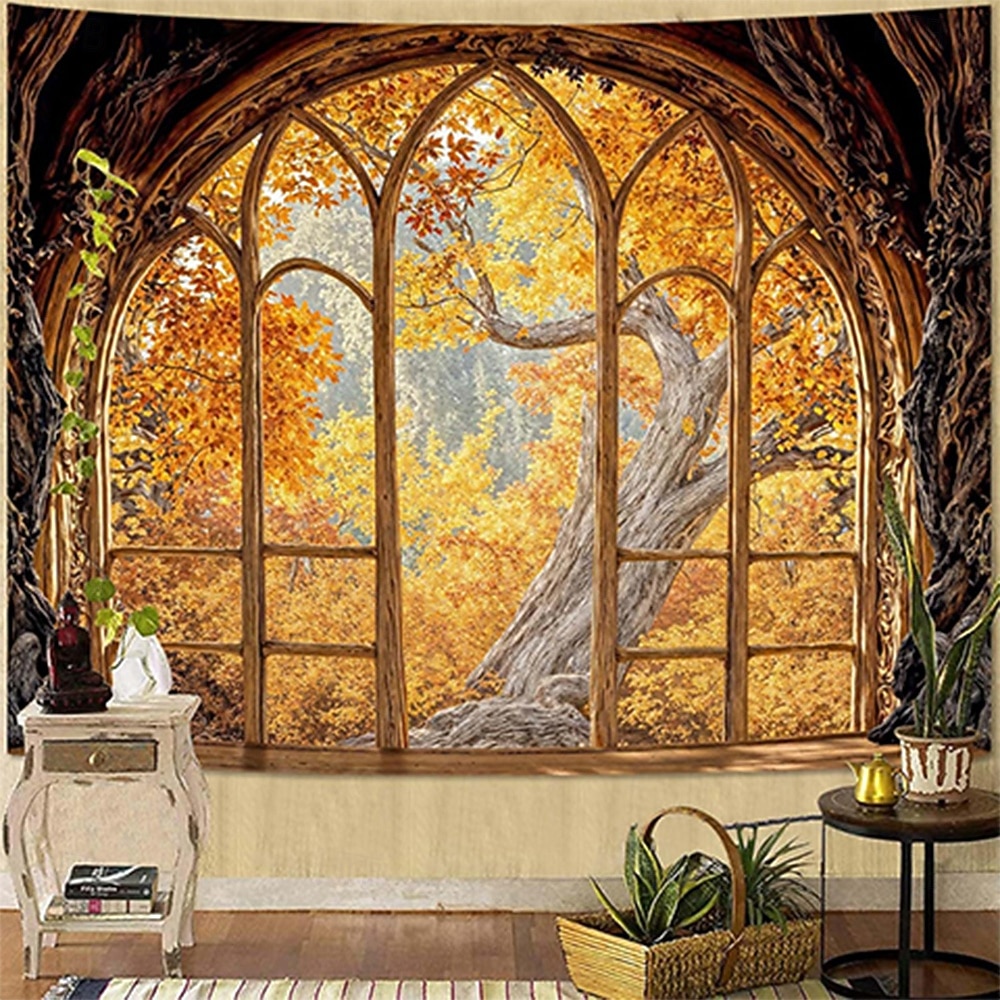 3D-bibliotekteppe veggteppe vintage bokhyllemønster stor stoffveggkunst buet vindu skogutsikt romdekor til stue/studie 2026 - $19.99 –P8
