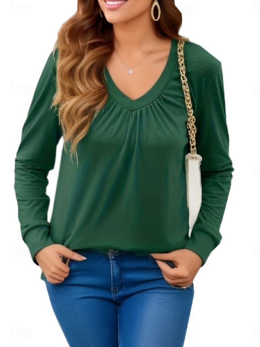 Dames T-shirt Met ruches Effen Modieus Klassiek Casual Lange mouw V-hals Normale tops Dagelijks Uitgaan Weekend Zwart Wit Blozend Roze Leger Groen Lente Herfst 2026 - $21.99 –P8