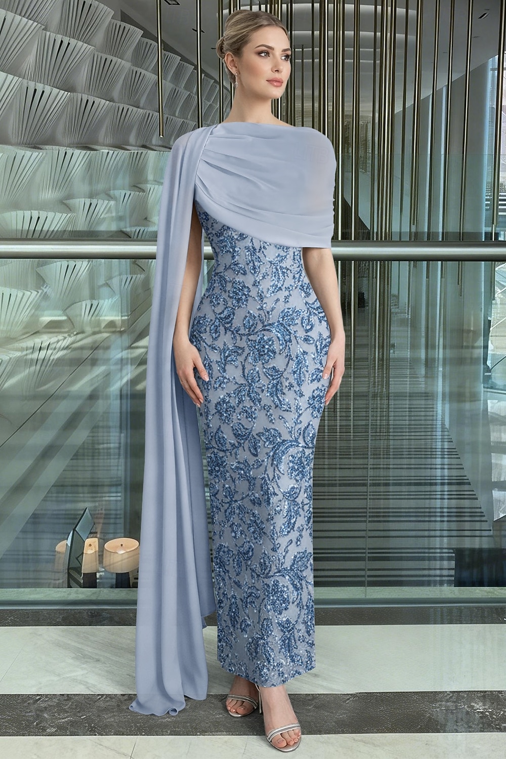 celebrity formal dresses Sheath Column Floor Length Beaded Eembroidered Mother of the Bride Dress Ball Gown with Cape Evening Gown Formal Dress Elegant Style Short Sleeve Crew Neck Garden Party 2026 classy elegant evening dresses
