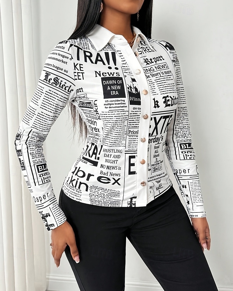 Women's Shirt Blouse Buttons Letter Stylish Modern Casual Long Sleeve Shirt Collar Regular Tops Daily Holiday Going out White Summer Spring 2026 - $32.99 –P4