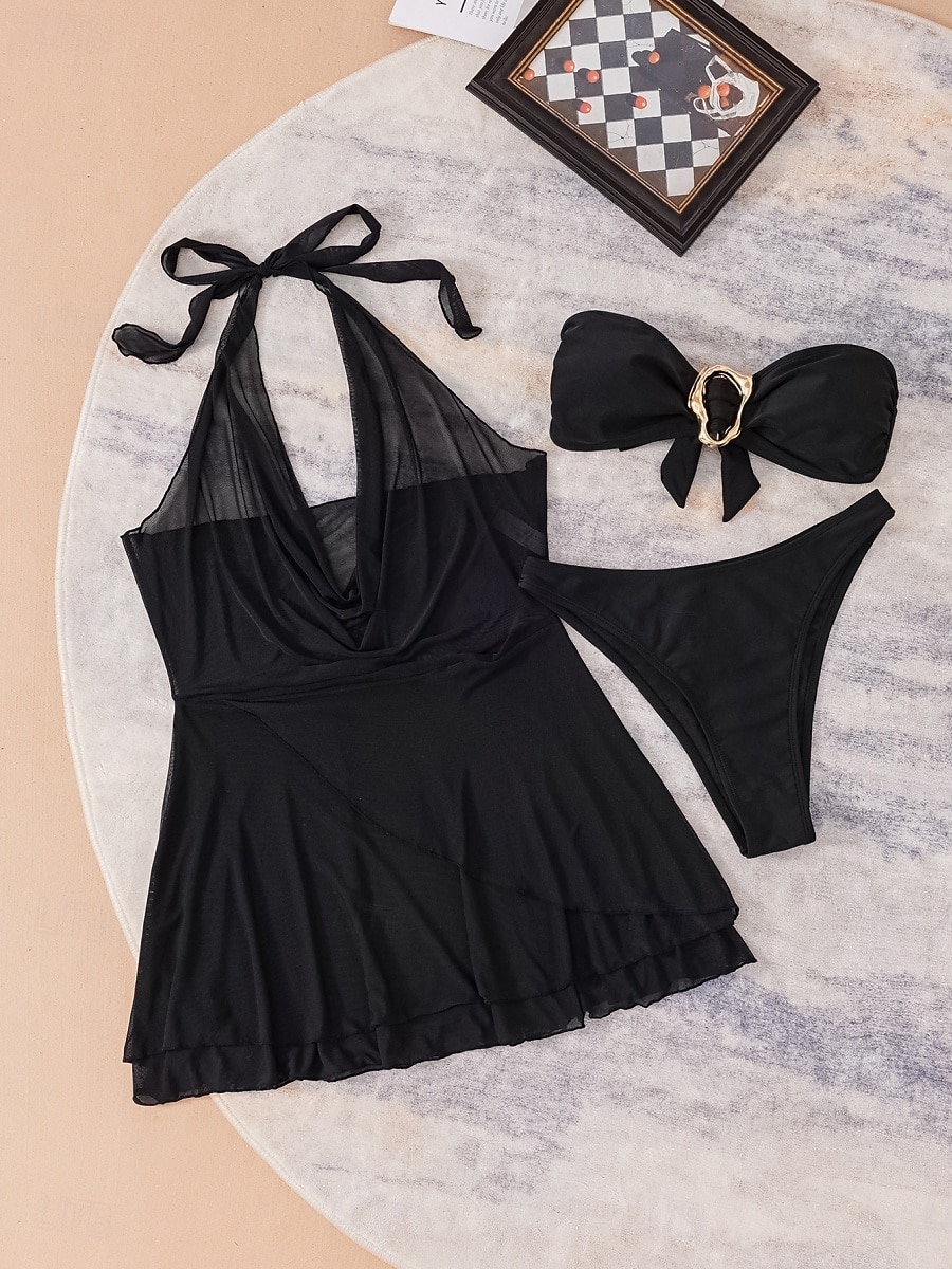 Жен. Купальники Бикини Накидка Три части Смелые купальник Хальтер Тонкие Открытая спина Элегантный стиль Отпуск Сплошной цвет НАЙКА НЕКО Без рукавов Купальники 2026 - $29.99 –P11