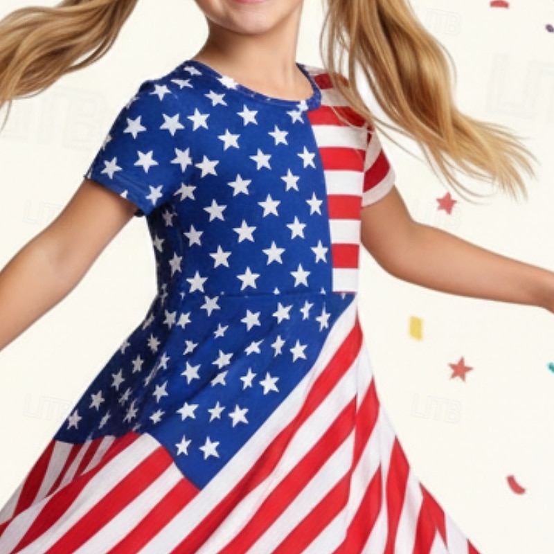 Mädchen' 3D Grafik Gestreift Sterne Kleid Kurzarm 3D-Druck Sommer Frühling Täglich Urlaub Party Niedlich Basic Lässig Kinder 4-12 Jahre Freizeitkleid A Linie Kleid Knielang Normale Passform 2026 - $19.99 –P3