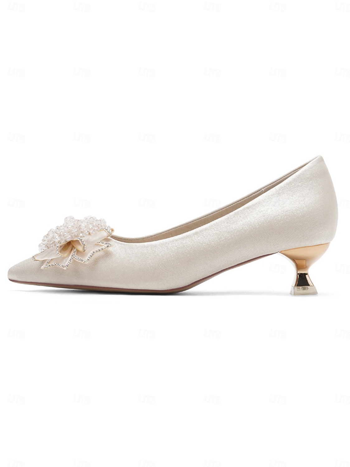 Ivoren satijnen pumps met lage hak en kralenstrik voor dames, elegante moderne bruidsschoenen voor een stadsbruiloft 2026 - $54.99 –P1