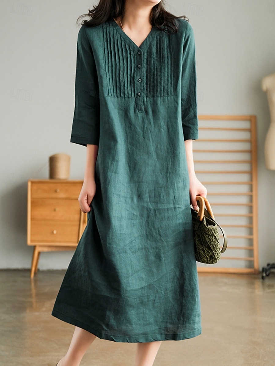 Per donna Abito Midi Abiti effetto lino Abito a Tubino Abito Estivo Casual Quotidiano Vestibilità comoda Semplice Manica 3/4 Scollo a V Blu Arancione Verde Beige Estate Autunno del 2026 a $32.99 –P7