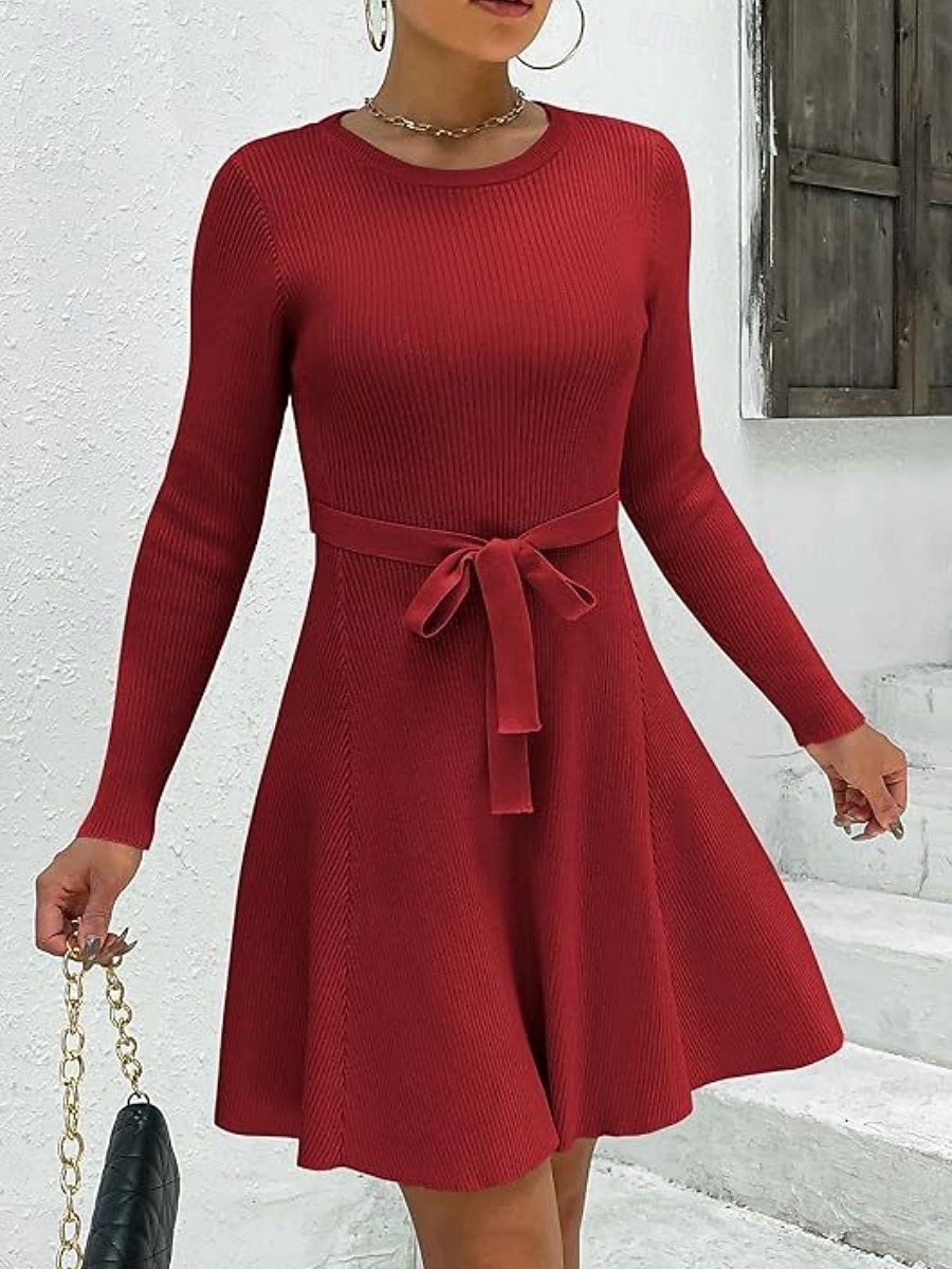 Dam Mini klänning Vit klänning Sweat Klänning Elegant Mode Modern Utomhus Semester Utekväll Smal Slät Långärmad Rund hals Vit Vinröd Marinblå Mörkgrön Vår Höst 2026 - $34.99 –P18
