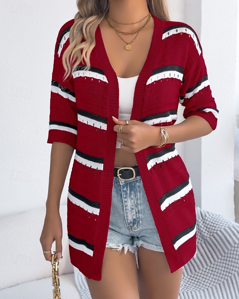 Dam Skjorta Blus Stickad Randig Stylish Klassisk Modern Halvlång ärm V-hals Vanliga toppar Dagligen Helgdag Utekväll Vin Brun Kaki Sommar Vår 2026 - $34.99 –P10