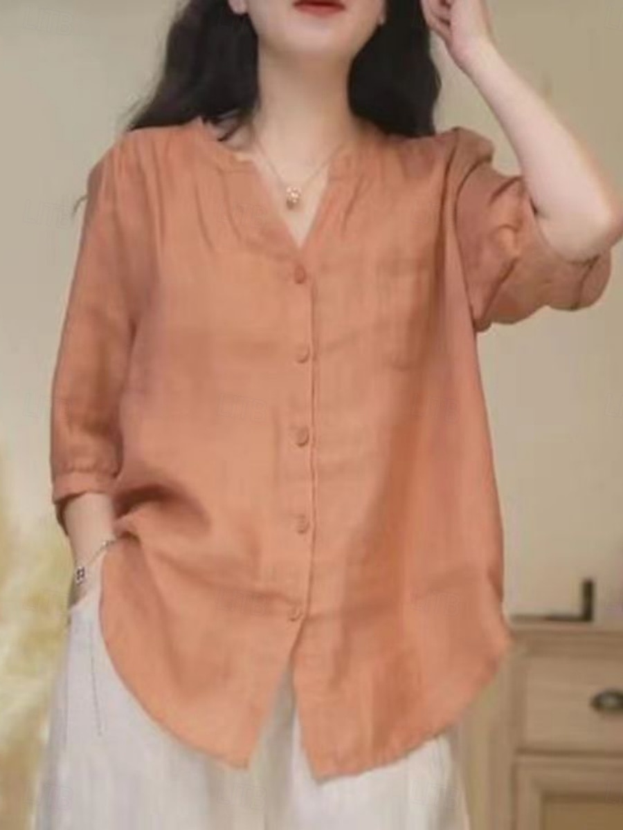 Per donna Camicie effetto lino Tasca Tinta unica Quotidiano Essenziale Casual Manica Lunga Scollo a V Top Regolari Quotidiano Blu Bianco Blu marino Arancione Verde Estate Primavera Autunno del 2026 a $21.99 –P6