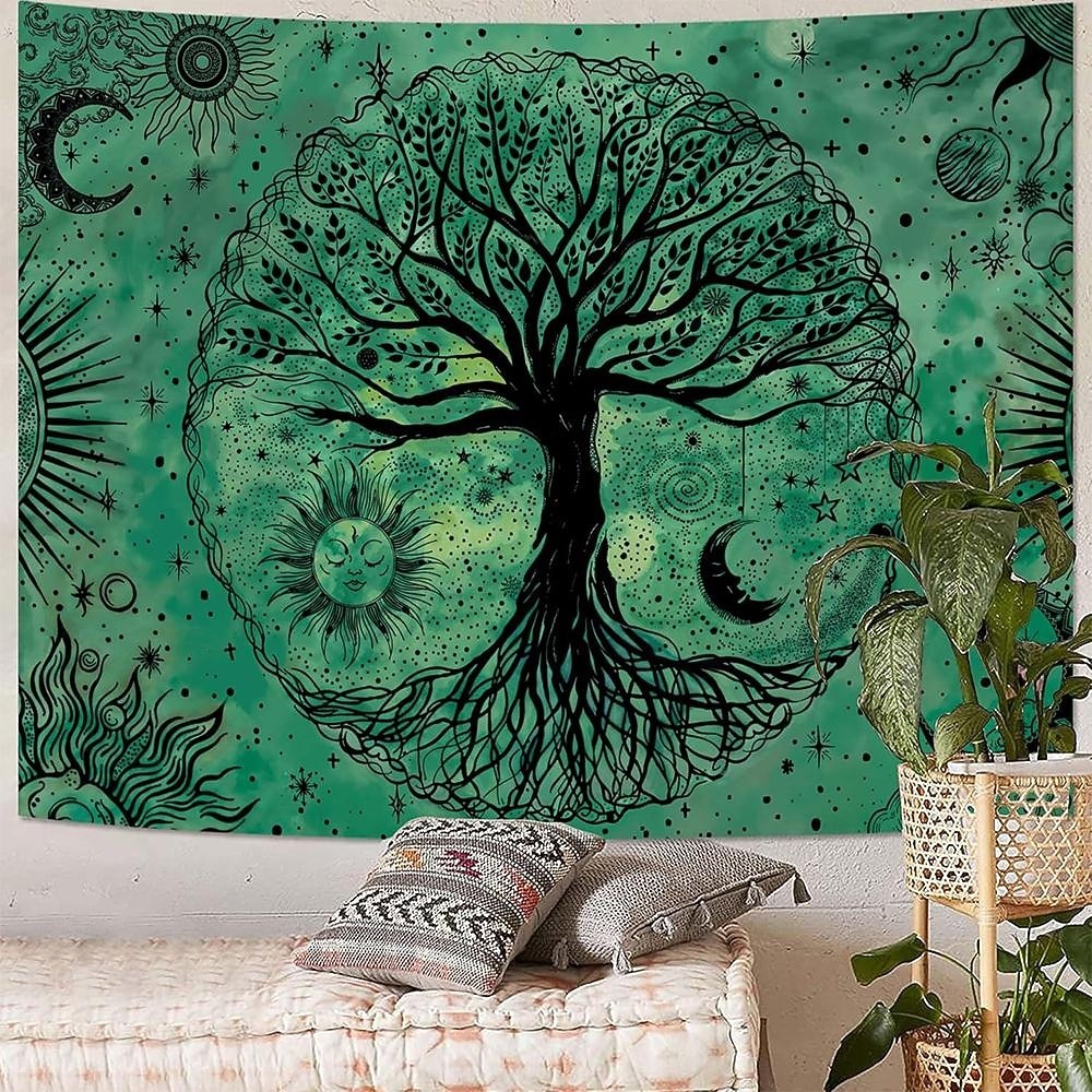 Wandteppich mit Lebensbaum-Motiv aus Buntglas im Mosaikstil, farbenfrohe und lebendige Kunst, Heimdekoration für Wohnzimmer und Schlafzimmer, großes Stoffposter 2026 - $20.99 –P8