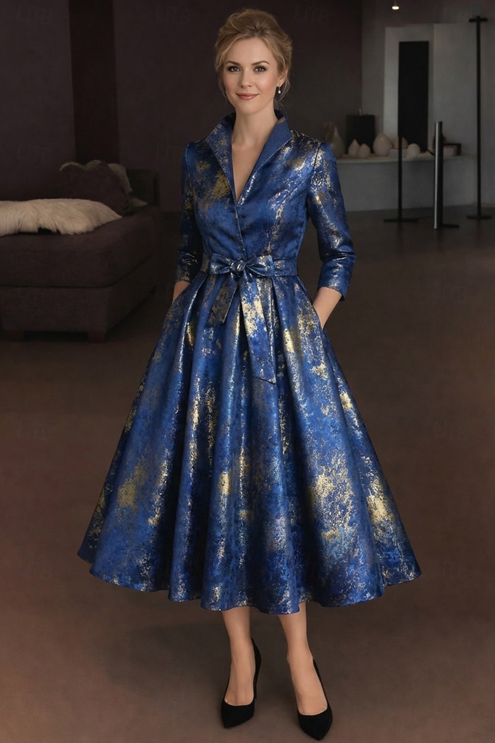 A-linje Te-lengde Skjortekjole Formell kjole Aftenkjole Kjole til brudens mor 3/4 ermer Skjortekrage Elegant Årgang Formell Jacquard med Belte / bånd Sløyfe(r) Blomst 2026 - $178.99 –P4