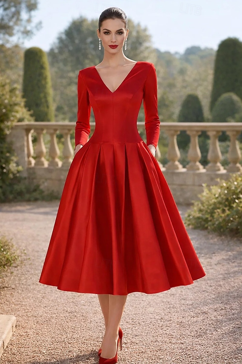 А-силуэт Ниже колена коктейльные платья Элегантный стиль Повседневные Полуформальные платья Рукав 3/4 V-образный вырез Вечеринка в саду Свадьба Сатин с Плиссировка 2026 - $130.99 –P1