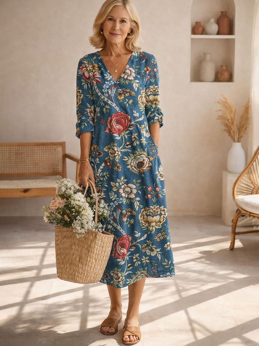 Abito Midi da Donna in Lino Leggero e Traspirante Vestito da Sole Abito Shift Casual Festa Vacanza Vestibilità Regolare Grafica Paisley Maniche Lunghe Collo a V Blu Rosa Rosso Verde Estate Primavera del 2026 a $41.99 –P3