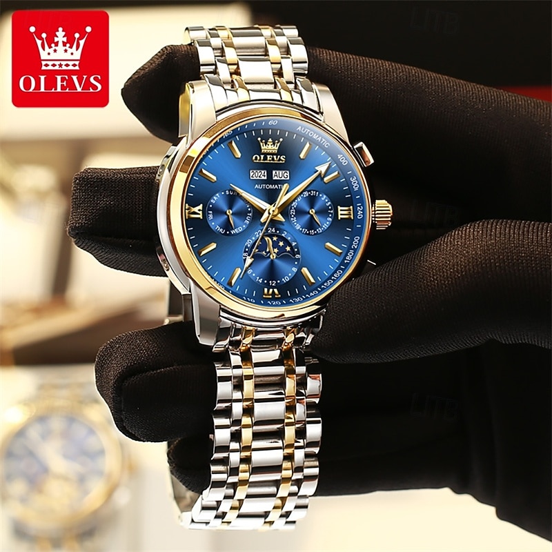 Montre homme Olevs neuve, élégante et fonctionnelle, avec affichage des phases de la lune, du calendrier, de l'heure sur 24 heures et du jour de la semaine. Montre mécanique automatique multifonctions de 2026 ? $121.99 –P15