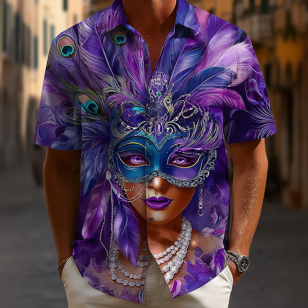 Karneval Herren Blende Farbe Karnival Maske mit Federn Hemd Knopfhemd Kurzarm Vintage-Retro Party Ferien Sommer Frühling Umlegekragen 3D-Druck Hemden mit Kragen Purpur Orange Dunkelviolett 2026 - $25.99 –P2