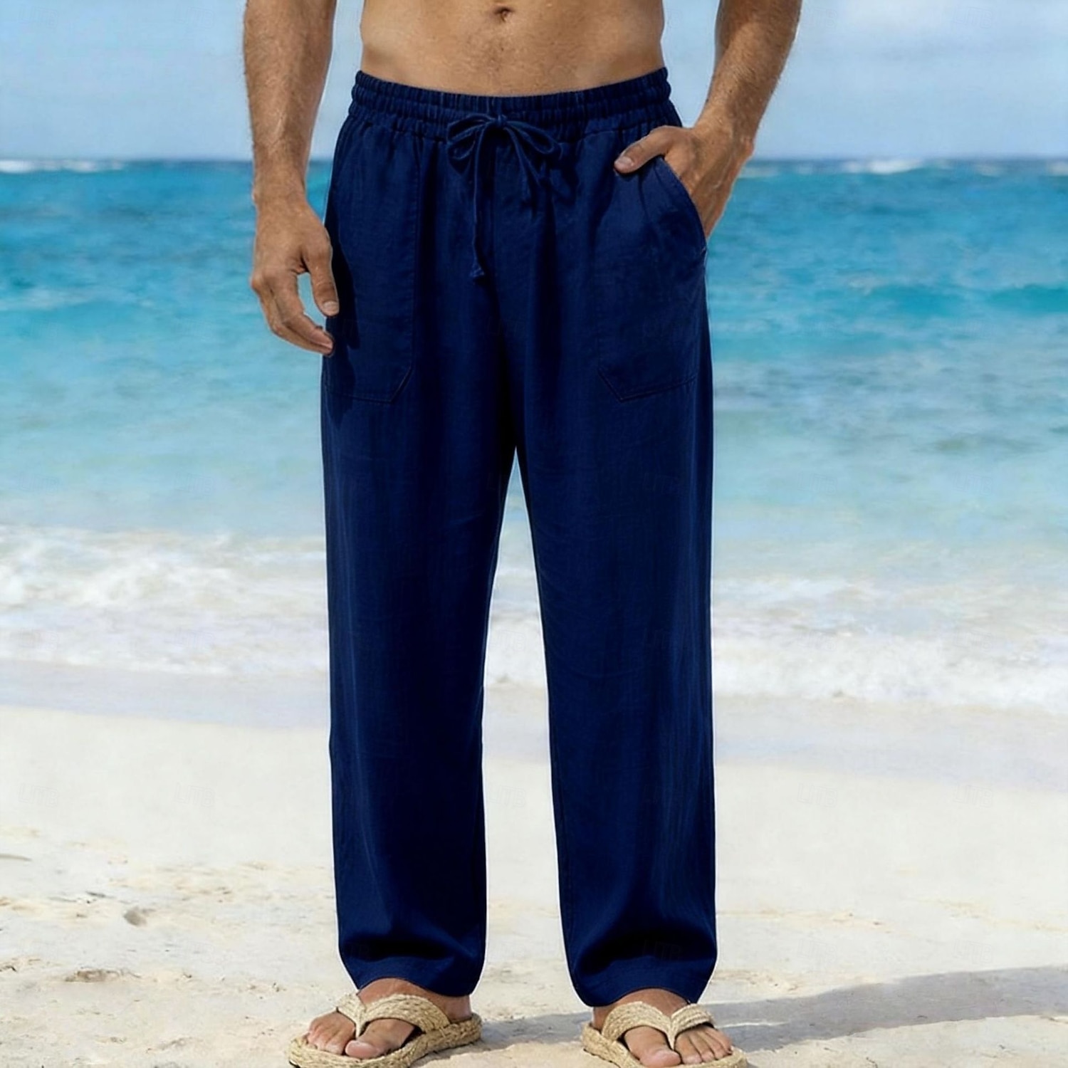 Homme Pantalons en Lin Pantalons Pantalon d'été Pantalons Amples Cordon de serrage Taille Élastique Jambe Droite Uni Confort Respirant Longueur complète Quotidien Plage Fête Vacances Mode Bleu Blanche de 2026 ? $11.49 –P9