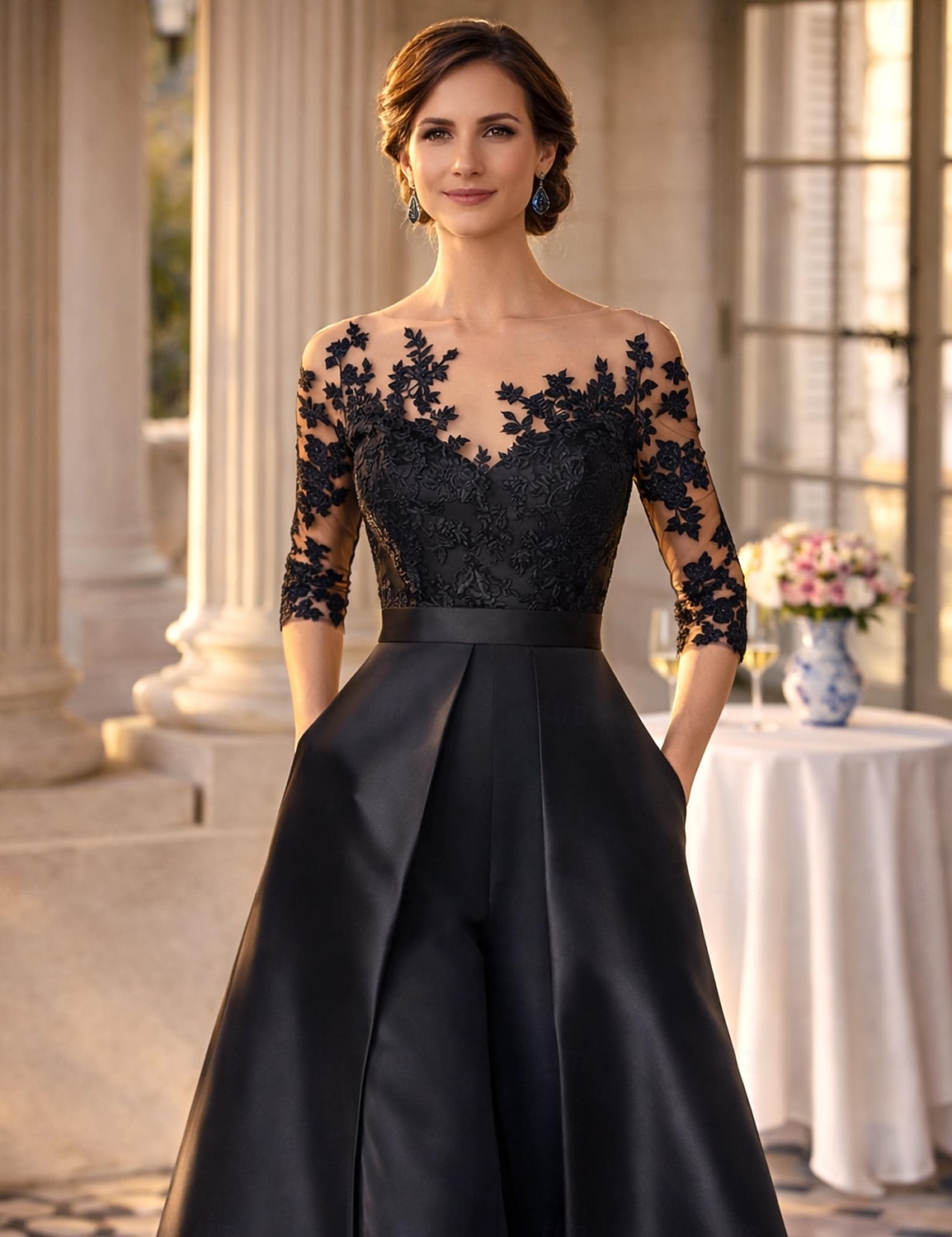 أفرول طول الأرض فستان أم العروس 3/4 الكم جوهرة أنيق حفلة ضيف حفل زفاف حفلة الزفاف ساتان مع زينة لون صلب 2026 - $197.99 –P3