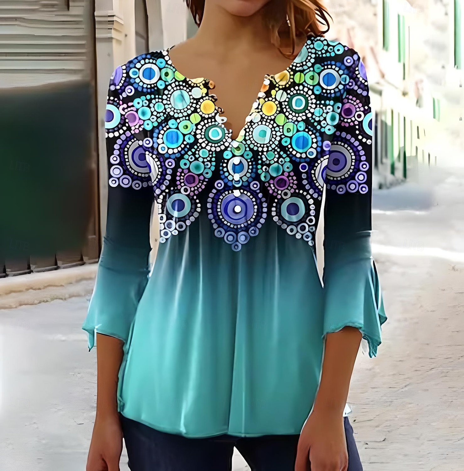 Camiseta Feminina T-Shirt Ombre Gráfica Floral Elegante Vintage Estilosa Manga 3/4 Decote V Tops Longos Regulares Diários Saída Botões Azul Verde  Azul Rosa Verão Primavera de 2026 por $26.99 –P1