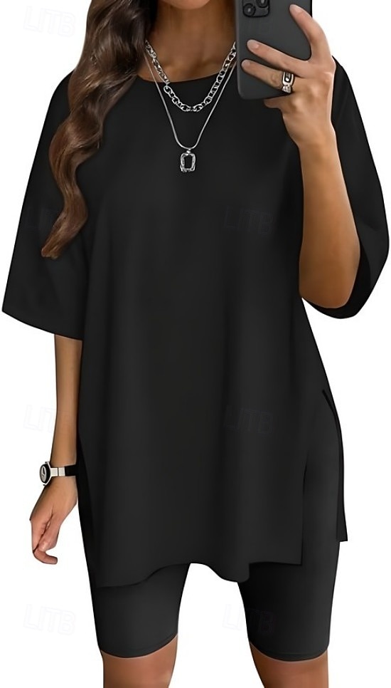 Dames T-shirt Zijsplit Effen Kleur Grafisch Modieus Klassiek Casual Korte mouw Strakke ronde hals Ronde hals Lange tops Dagelijks Uitgaan blauw Zwart Wit Lichtgroen Blozend Roze Zomer Lente 2026 - $21.99 –P4