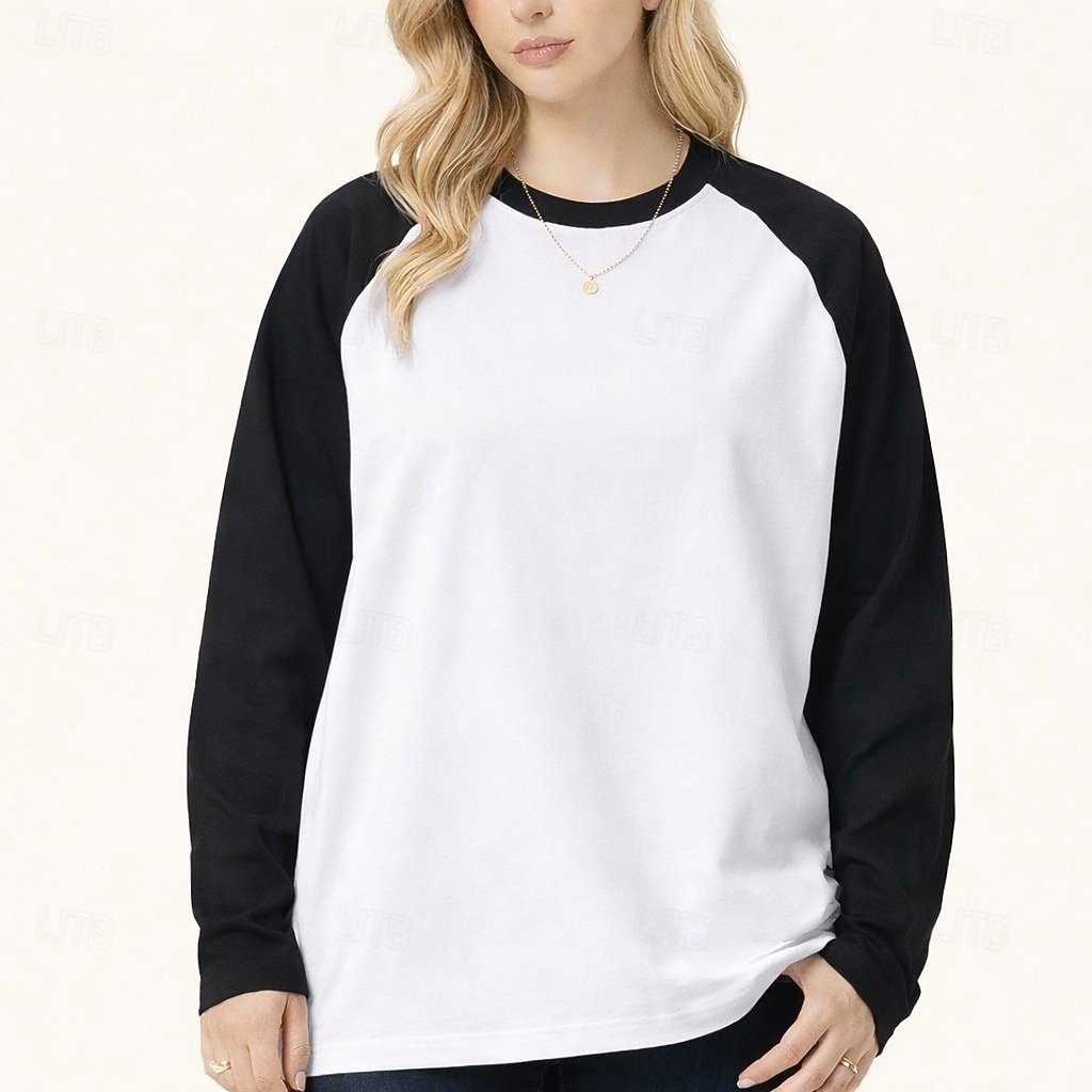 Women's 100% Cotton Oversized Tee Raglan T Shirt Patchwork Color Block Vintage Stylish Casual Long Sleeve Crew Neck Long Tops Daily Going out Brown And White Black and White Brown Summer Spring Fall 2026 - $37.99 –P1