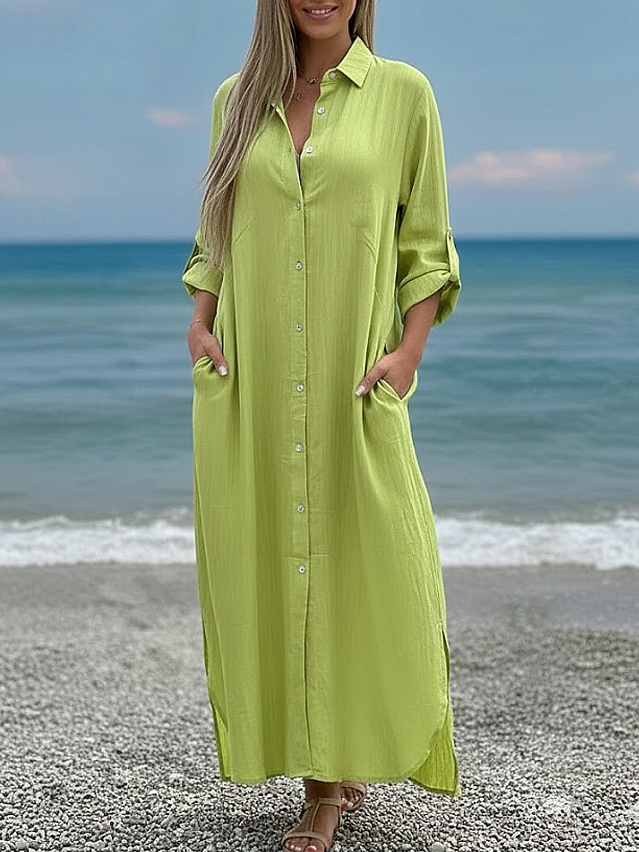 שמלת מקסי לנשים מכותנה ופשתן שמלת שינוי קזואלית יומית רחבה פשוטה עם שרוולים ארוכים צווארון כחול שחור לבן ירוק בהיר קיץ אביב סתיו 2026 - $41.99 –P13