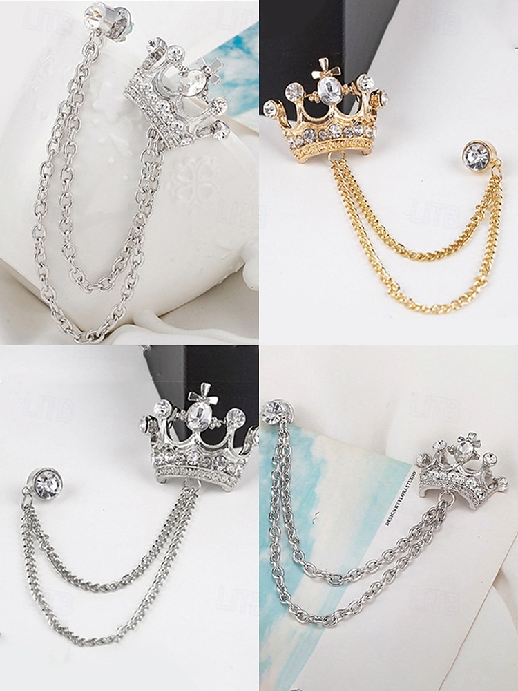 Pánská klopová brože s korunkou a řetízkem, materiál slitina, dostupné ve zlaté a stříbrné barvě, ideální pro svatby a večírky 2026 - $7.99 –P6