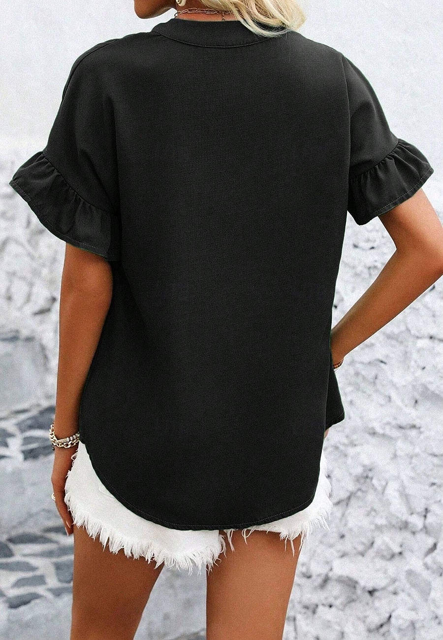 Damen Hemd Bluse Patchwork Knöpfe Einfach Vintage Stilvoll Lässig Kurzarm Stehkragen Normale Oberteile Täglich Ferien Ausgehen Denim Blue Schwarz Gelb Wein Marineblau Sommer Frühling 2026 - $31.99 –P2