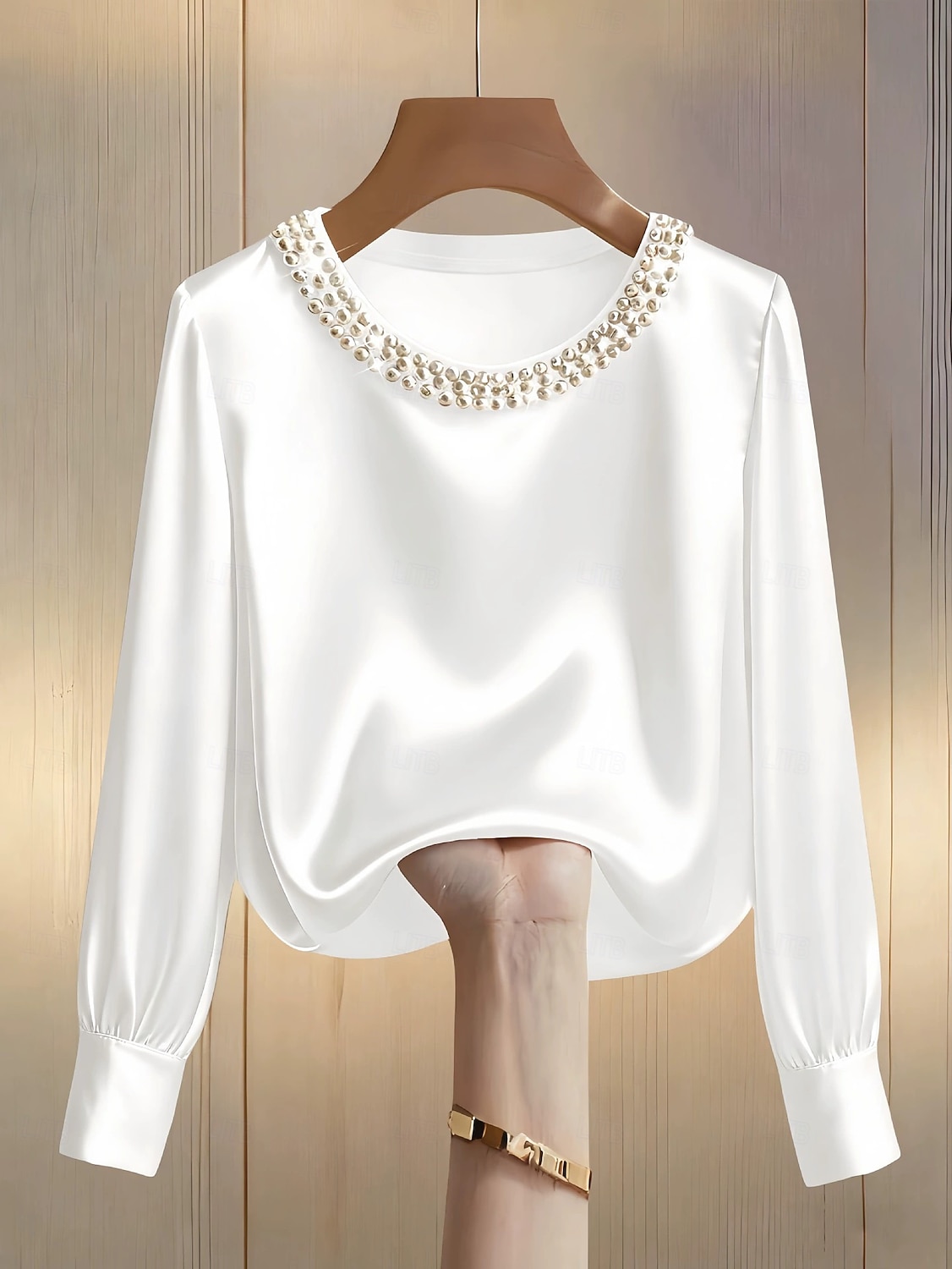 Mulheres Blusa Com Miçangas Côr Sólida Elegante à moda Manga Longa Gola Redonda Tops regulares Diário Trabalho Preto Branco Verde Damasco Primavera Outono de 2026 por $27.99 –P8