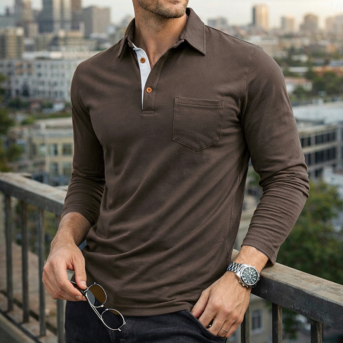 Herren Poloshirts Golf Poloshirts Lässig Arbeit Klassisch Langarm Farbblock Knöpfe Sommer Frühling Frühling & Herbst Normale Passform Blau Schwarz Wein Purpur Armeegrün Kaffee Poloshirts 2026 - $27.99 –P10