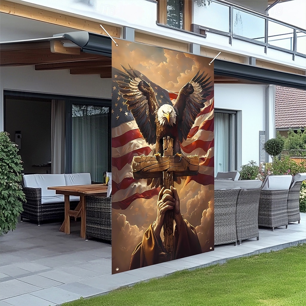 striscione patriottico per porta, bandiera americana, aquila calva e croce, decorazione religiosa da parete, cartello per portico del 4 luglio del 2026 a $17.99 –P4