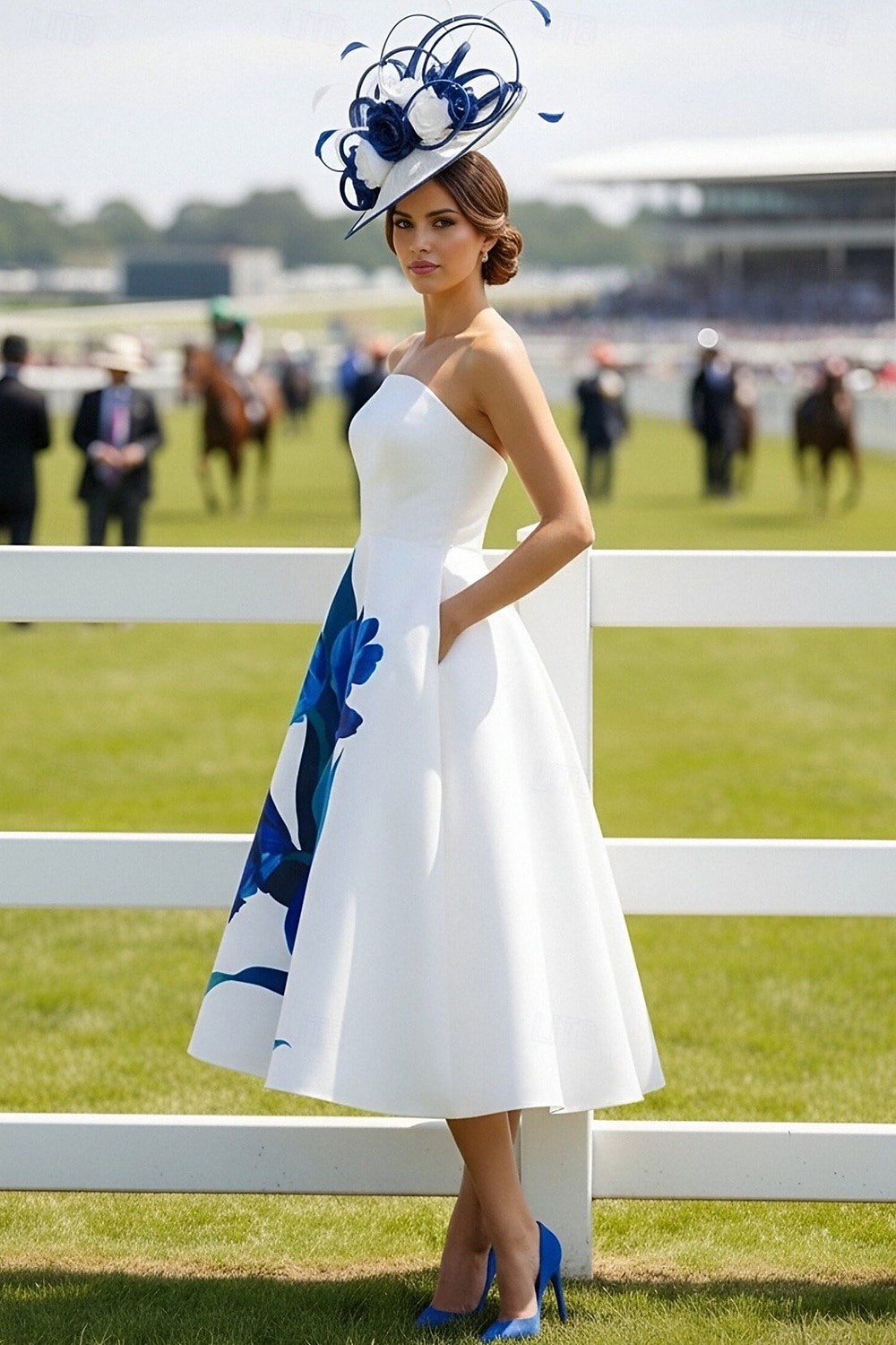 Linea ad A Lunghezza Tè Abito Derby Abito formale Elegante Senza Maniche Senza Spalline Formale Derby del Kentucky Raso con Stampa floreale del 2026 a $172.99 –P3