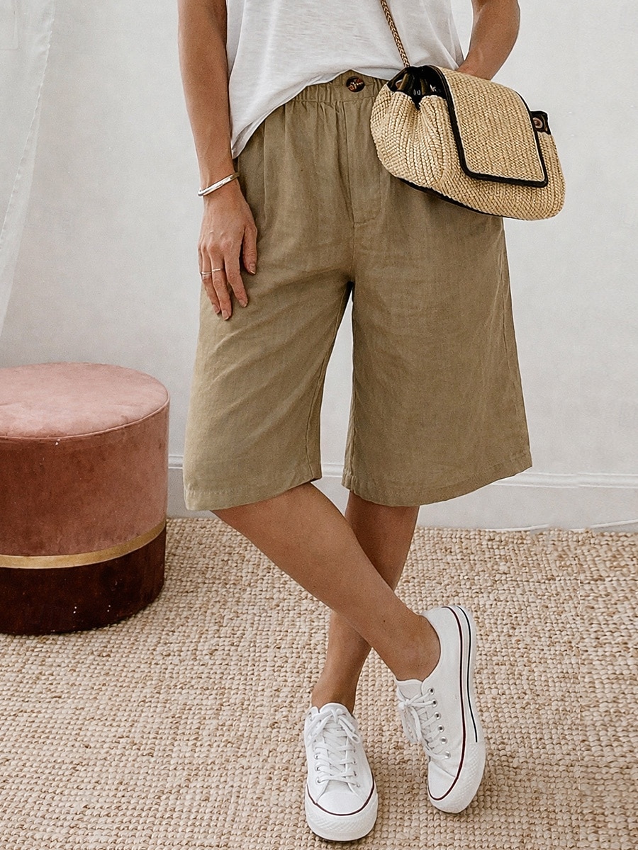 Dam Capribyxor Kinesiska Shorts Sommarshorts Semester Grundläggande Knelängd Medium Midja Komfort Oelastisk Ledigt Dagligen Hem Vit Kaki Sommar Vår Normal 2026 - $21.99 –P2