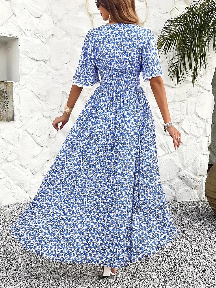 Women's Long Dress Maxi Dress A Line Dress Floral Dress Elegant Fashion Modern Daily Outdoor Vacation Regular Fit Floral Short Sleeve V Neck Blue Black Brown Summer Spring 2026 - $34.99 –P3