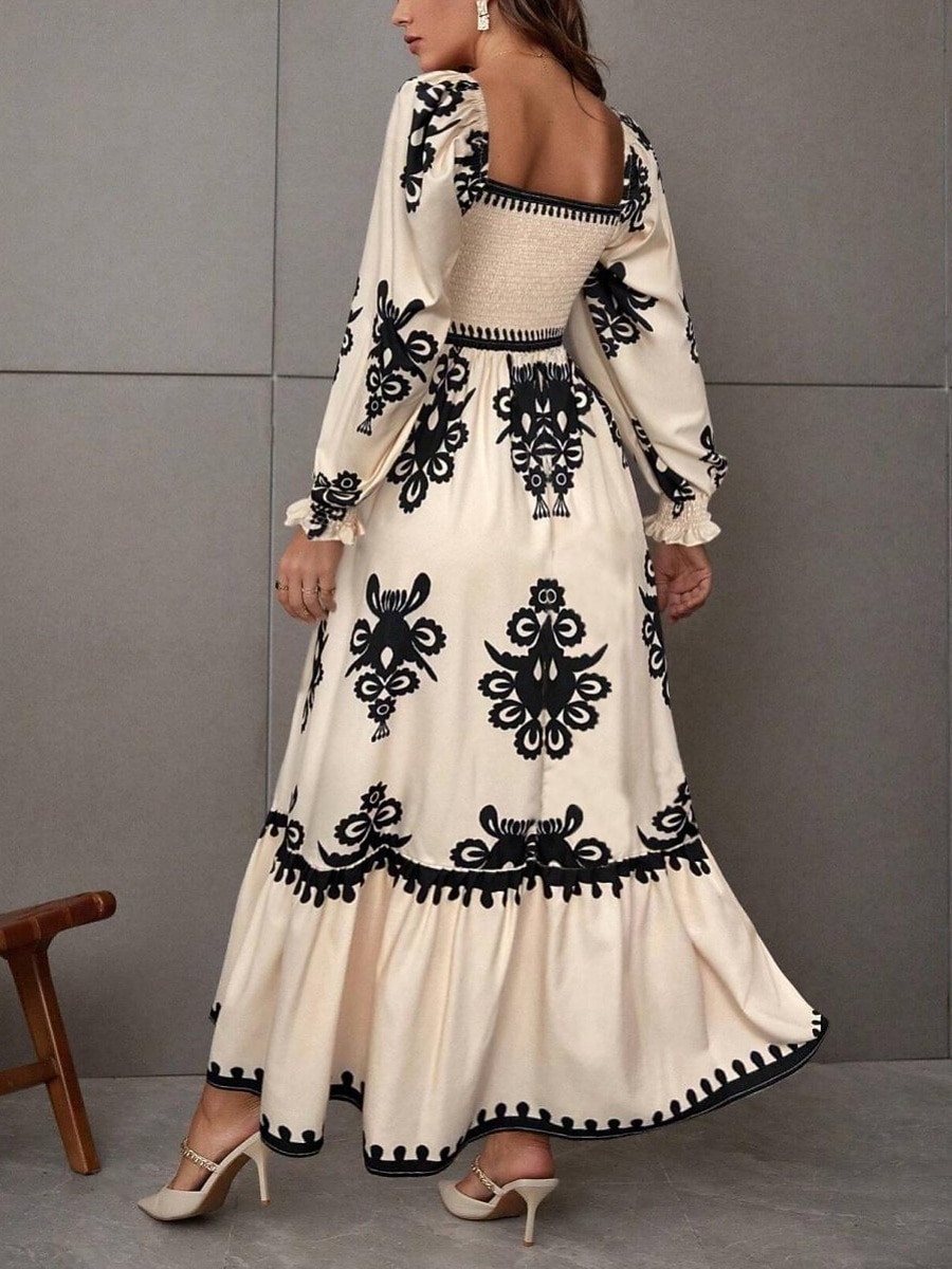 Mujer Vestido maxi Vestido de una línea Vestido de flores Elegante Moda Moderno Exterior Vacaciones Fiesta Ajuste regular Floral Manga Larga Escote Cuadrado Negro Burdeos Marrón Albaricoque Primavera 2026 - $41.99 –P3