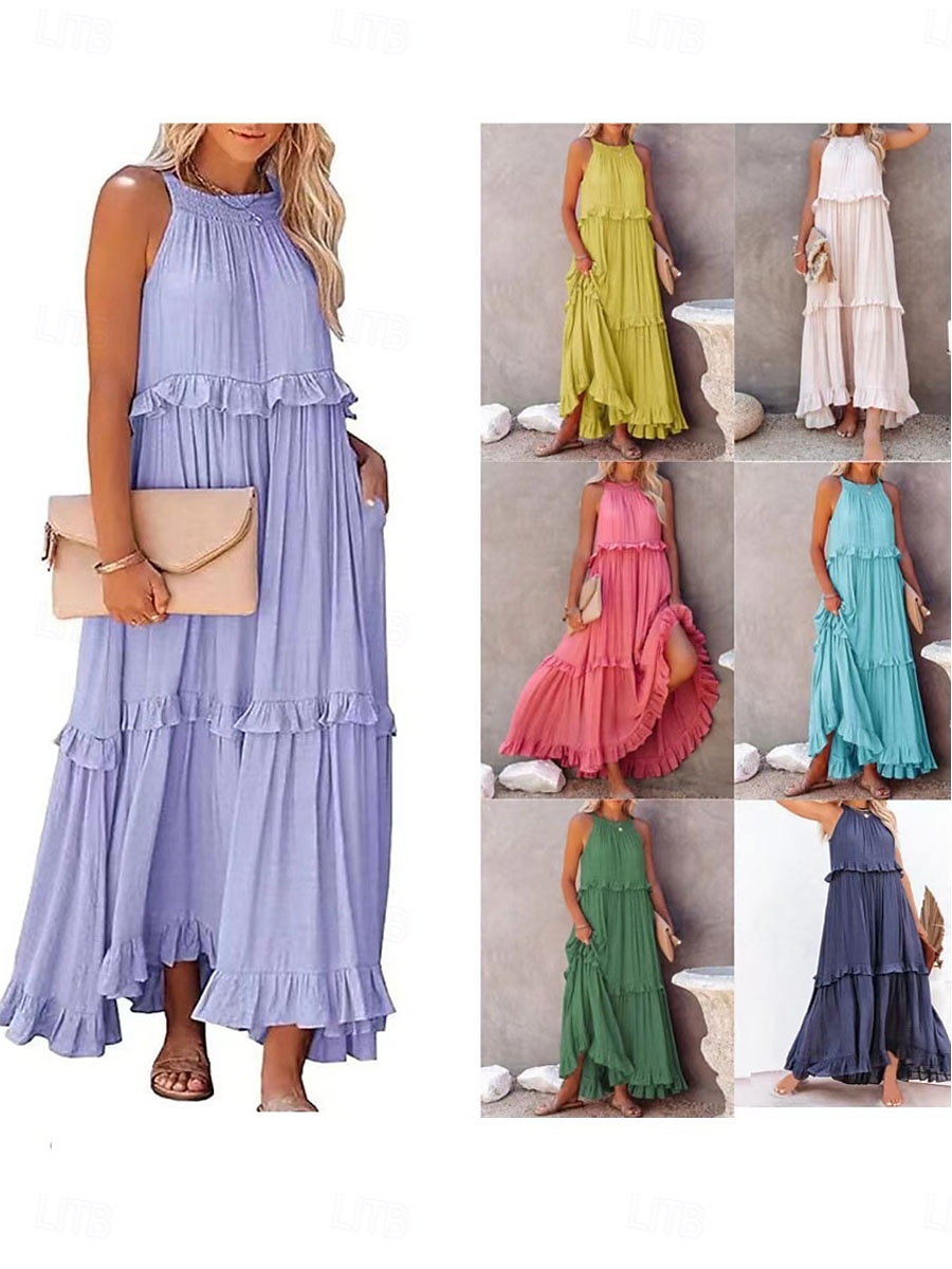 Mulheres Vestido Longo Vestido branco vestido de praia Vestido Swing Elegante Vintage Moda Diário Ao ar livre Praia Ajuste Largo Tecido Sem Manga Gola Redonda Azul Branco Amarelo Rosa Verão Primavera de 2026 por $37.99 –P1