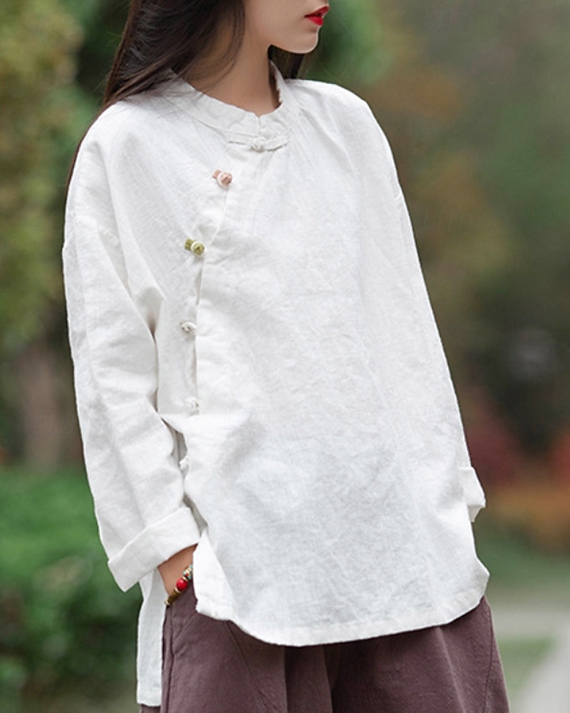 Camicia da donna a maniche lunghe con colletto alla coreana in lino biologico del 2026 a $45.99 –P7
