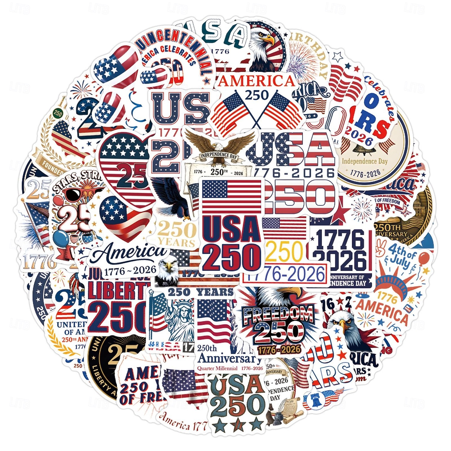 55 patriotische Aufkleber zum 250. Jahrestag, wasserfeste Vinyl-Aufkleber mit amerikanischer Flagge für Wasserflaschen, Laptop-Dekorationen zum Unabhängigkeitstag (4. Juli) 2026 - $9.99 –P10