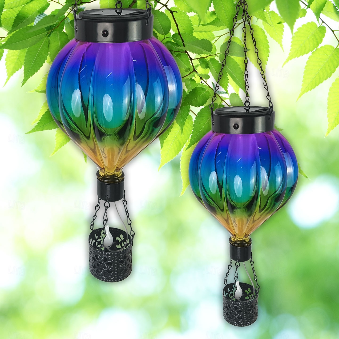 1 linterna de globo aerostático de metal de vidrio colorido impermeable y solar para exteriores, luz de llama simulada LED, decoración de árboles de granja y jardín, iluminación de paisaje, luz 2026 - $30.99 –P9