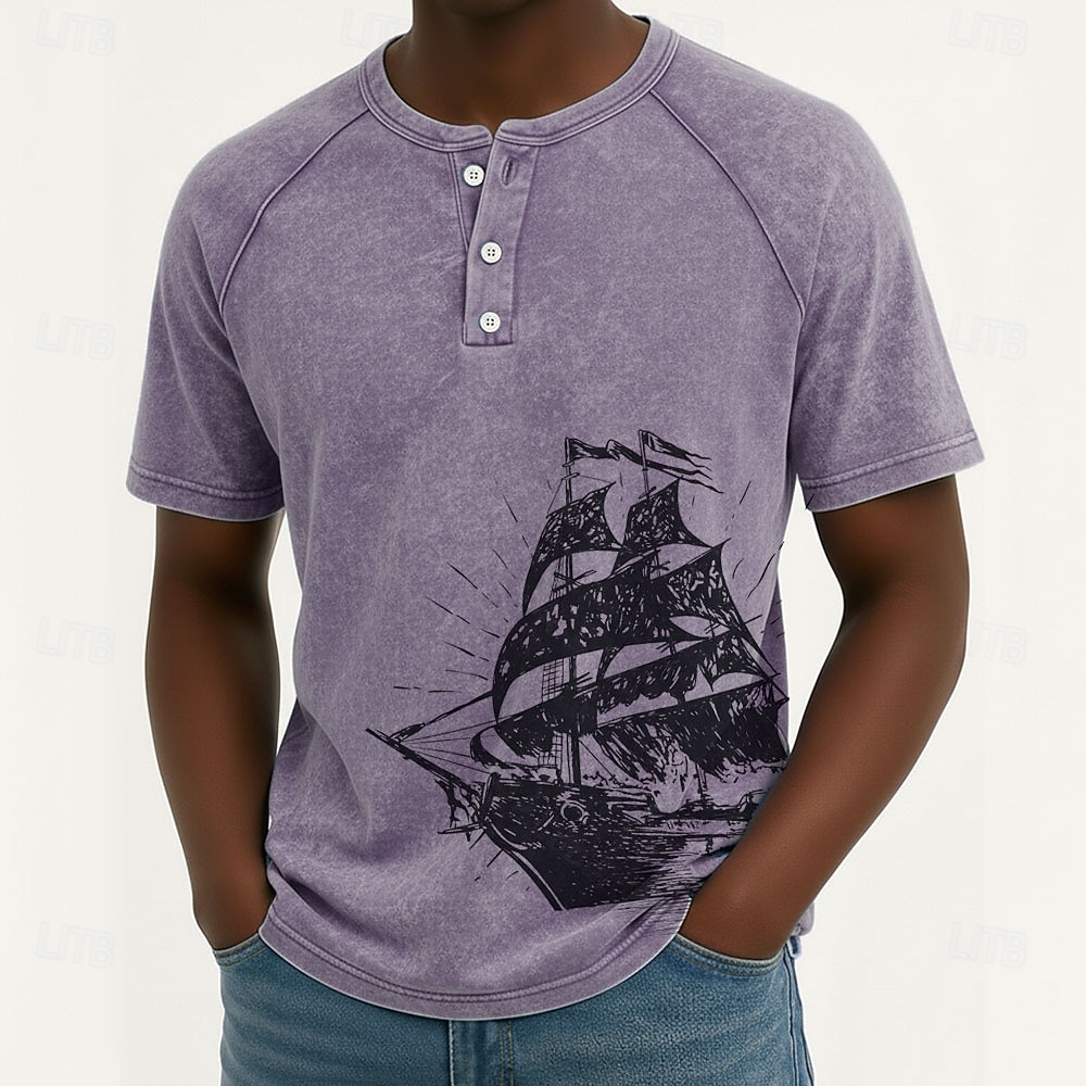 Herren Vintage Segelboot Henley Hemd T-Shirt Gewaschenes Hemd Kurzarm Vintage Designer Lässig Lässig Täglich Outdoor Sommer Frühling Ganzjahres Hellblau Violett Grau Henley Henley T-Shirt 2026 - $25.99 –P1