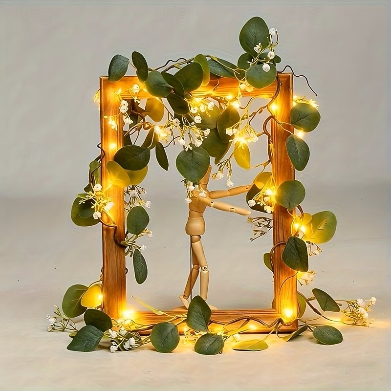 Artificial Eucalyptus Leaf Wreath String Lights Green Leaves Simulated Hanging Plant 1.7m 20LEDs for Weddings Valentine's Day Bedroom Balcony, Garden Dining Table Holiday Decoration 2026 - $16.49 –P3