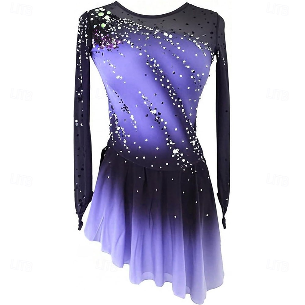 Figure Skating Dress Women's Ice Skating Dress Violet Pink Royal Blue Patchwork Thumbhole Stretchy Training Competition Skating Wear Classic Crystal / Rhinestone Long Sleeve Ice Skating Figure Skating 2026 - $240.39 –P5