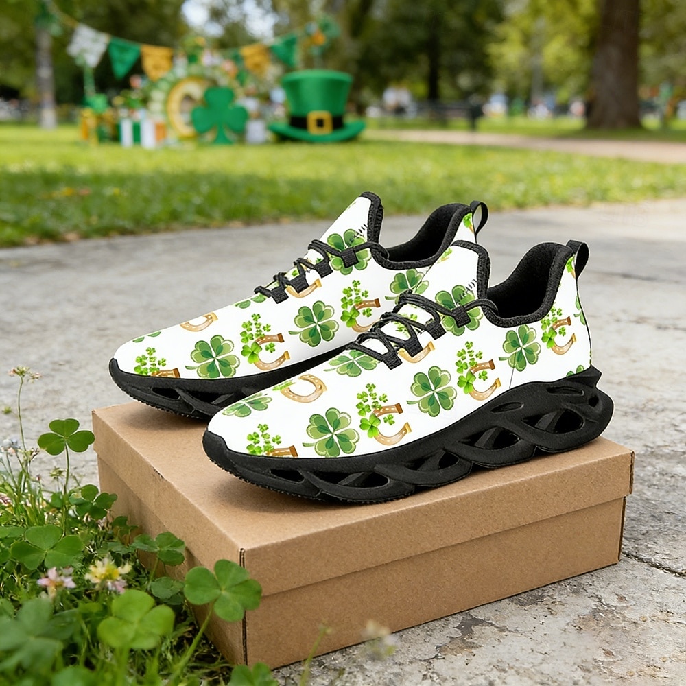 Damsneakers med shamrocktryck och St. Patrick's Day-motiv – lätta och vadderade promenadskor för vardagskläder, parader, utomhusaktiviteter och högtidsfiranden 2026 - $42.99 –P2